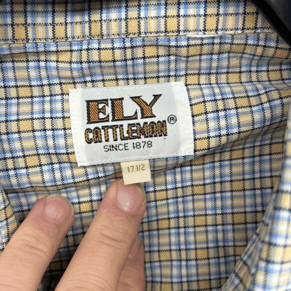 Vintage Ely Cattleman Pearl Snap Shirt Mens 17.5 Blue Yellow Plaid Western Short - Picture 4 of 4